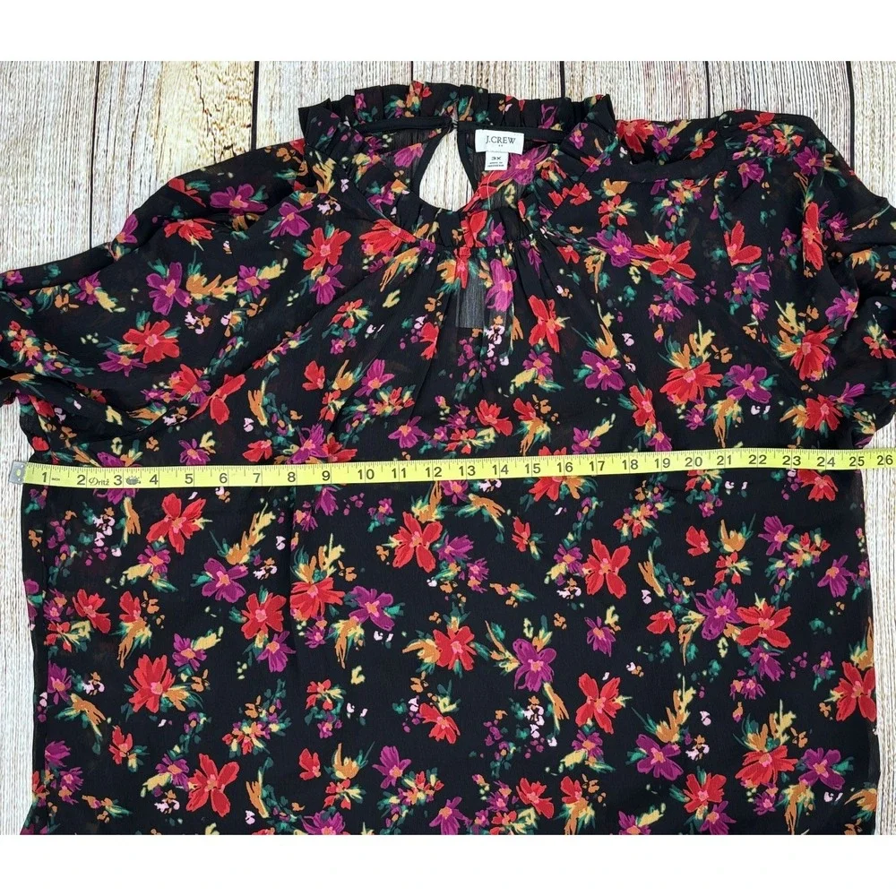 J Crew Floral Ruffle Neck Top Blouse Size 3X Black Multicolor Long‎ Sleeve NWT